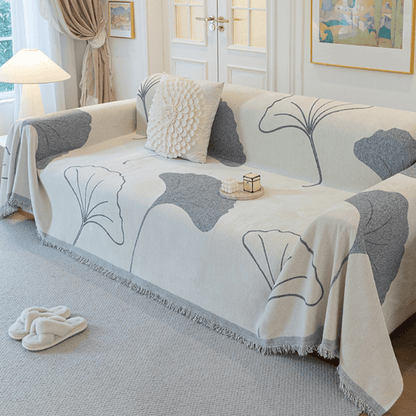 Ginkgo Leaf Print Grey Elegance Chenille Sofa Cover :[EM-SC-29] Style-4