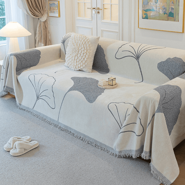 Ginkgo Leaf Print Grey Elegance Chenille Sofa Cover :[EM-SC-29] Style-4
