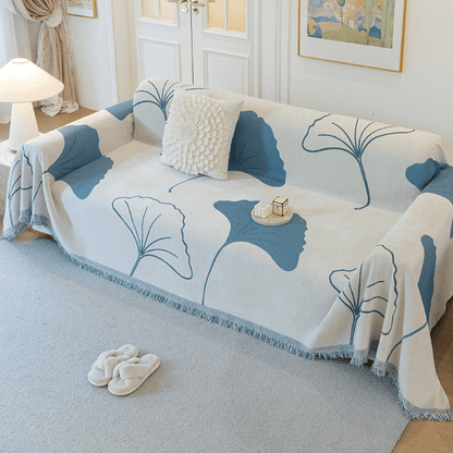 Ginkgo Leaf Print Blue Elegance Chenille Sofa Cover :[EM-SC-29] Style-2